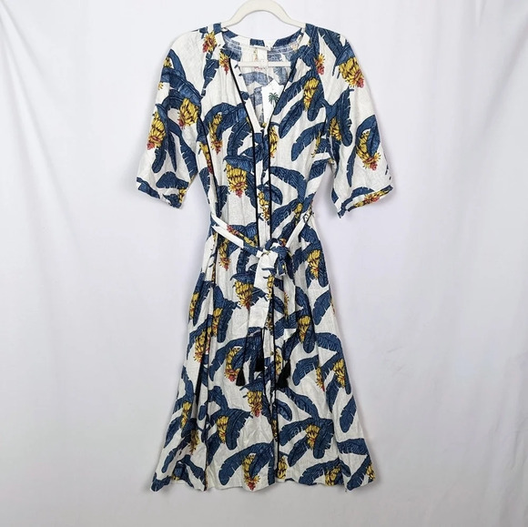DESMOND & DEMPSEY H&M S Linen-Blend Kaftan Midi Belted Button Up Tropical Dress - Picture 15 of 16